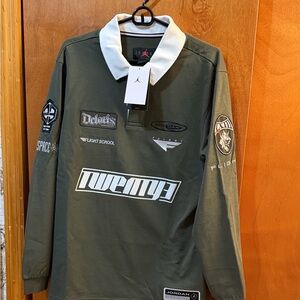 Jordan Olive Green Long-Sleeve Polo with White Collar and Logos